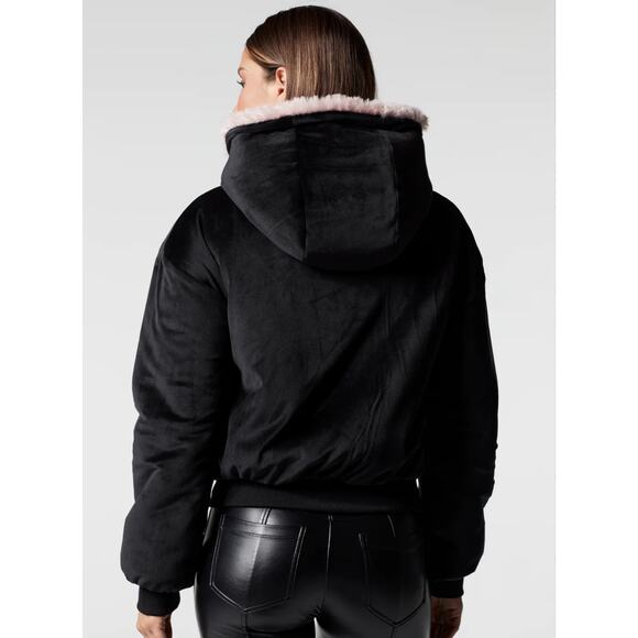 BLANC NOIR JACKET Women's Size XS Pink Black Faux Shearling REVERSIBLE HOODED - Picture 3 of 9